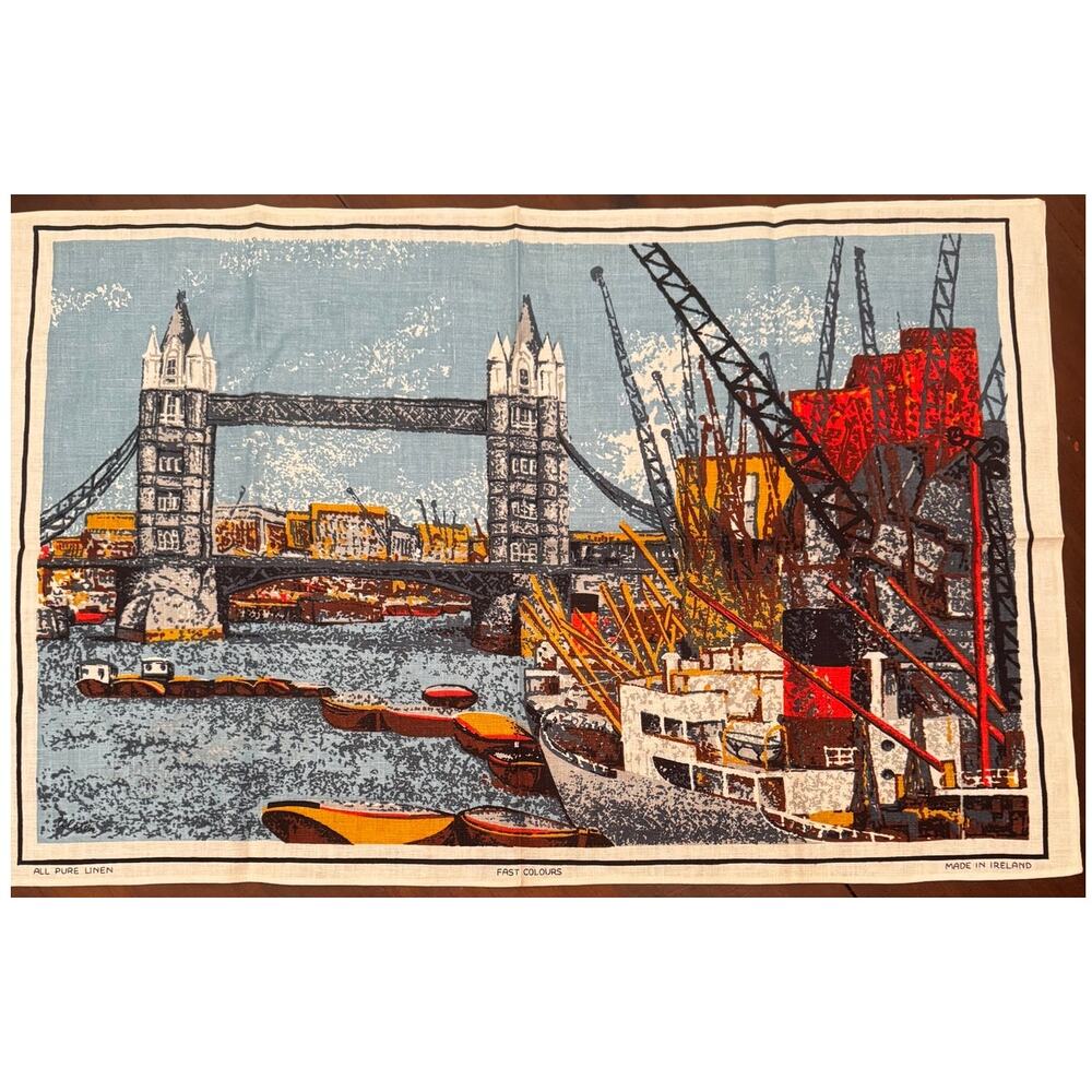 Vtg MCM Tower Bridge-England - Linen Tea Towel - Unused Circa 1960's
